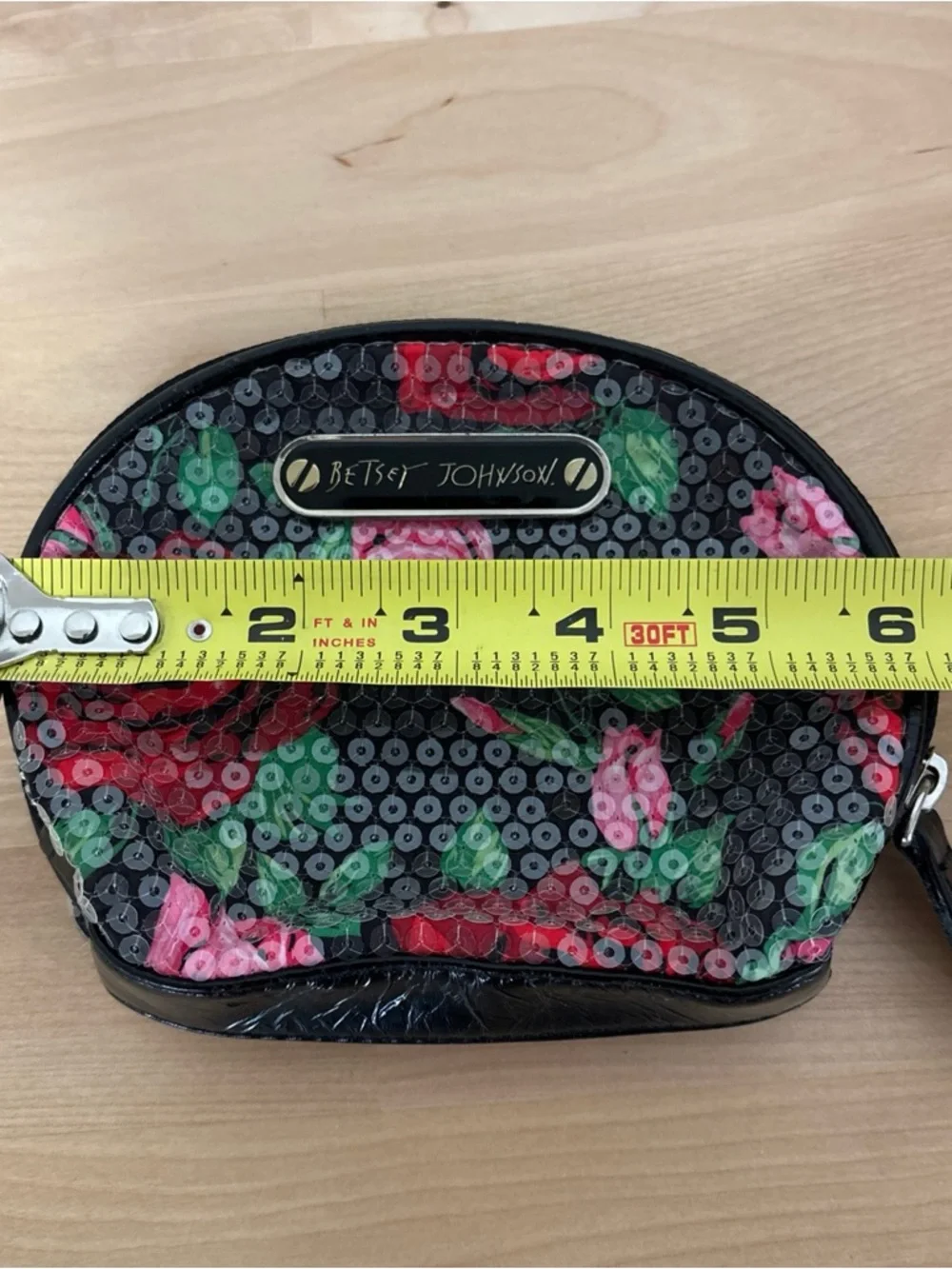 Betsey Johnson Black Cosmetic Pouch with Pink & Red Floral Sequins - Picture 5 of 7